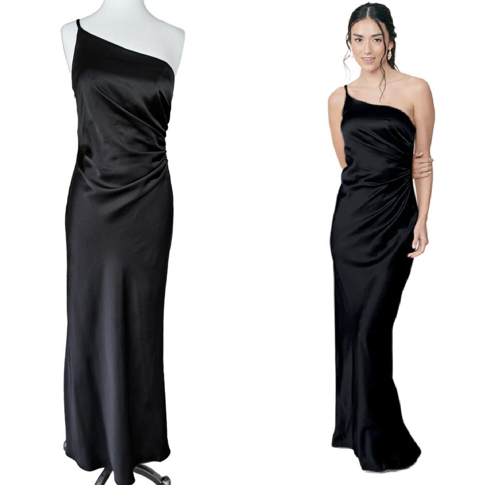 REVELRY Jade Black Satin One Shoulder Maxi Dress Formal Gown Size 8